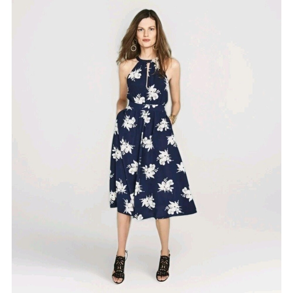 Boden Icons Agnes Dress Navy Floral Halter Midi Keyhole Size US 12 UK 16 Silk - Picture 3 of 13
